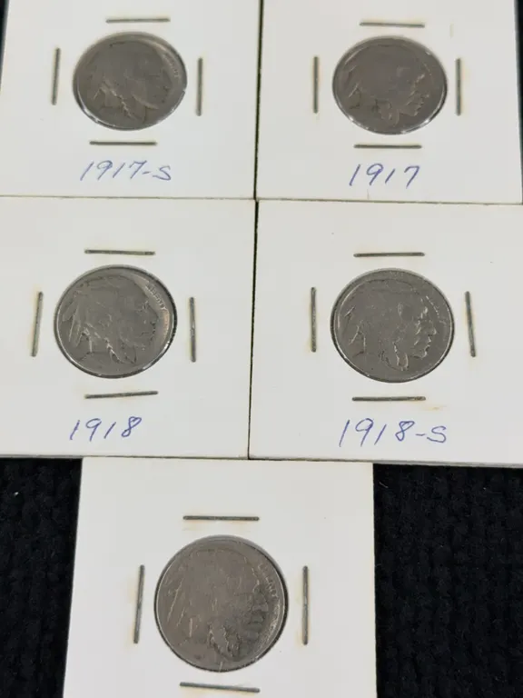 5 1917-1919 Buffalo Copper-Nickel Five Cents, Denver, Philadelphia & San Francisco Mint