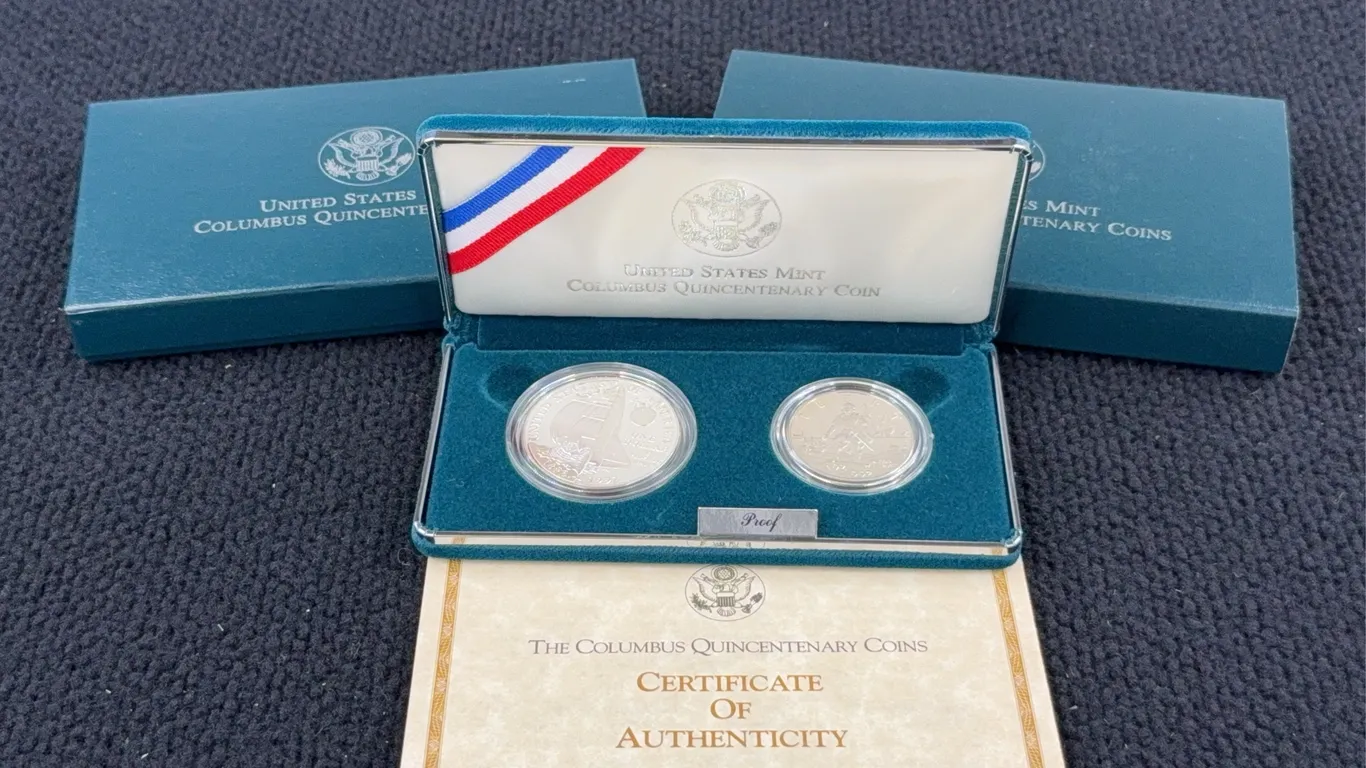 1992 Columbus Quincentenary 2 Coin Proof Set, Philadelphia-Silver, San Francisco-Clad
