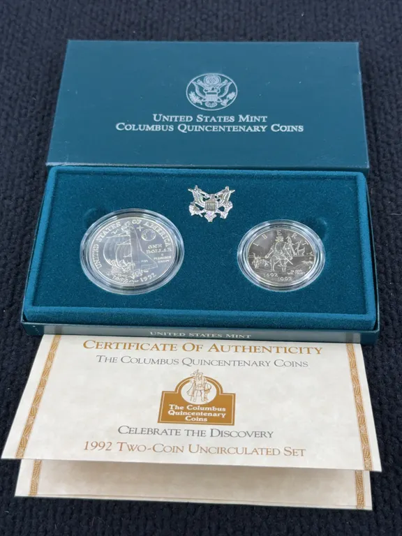 1992 Columbus Quincentenary Uncirculated Coin Set, Denver Mint, Silver Dollar & Clad 1/2 Dollar