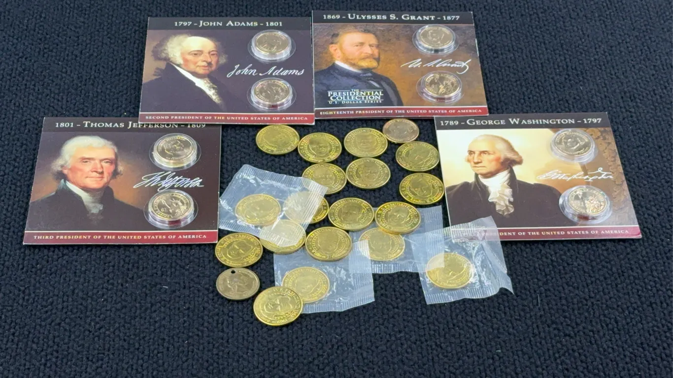 George Washington, John Adams, Thomas Jefferson & Ulysses S. Grant $1 Coins, Sunoco Presidential Tokens