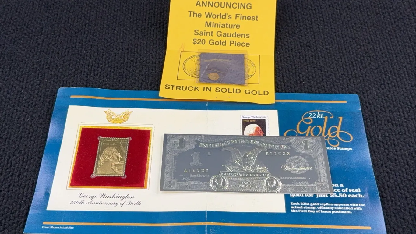 22KT George Washington Replica Stamp, World’s Finest Miniature Saint Gaudens $20 Gold Piece & $1 Silver Colored Certificate