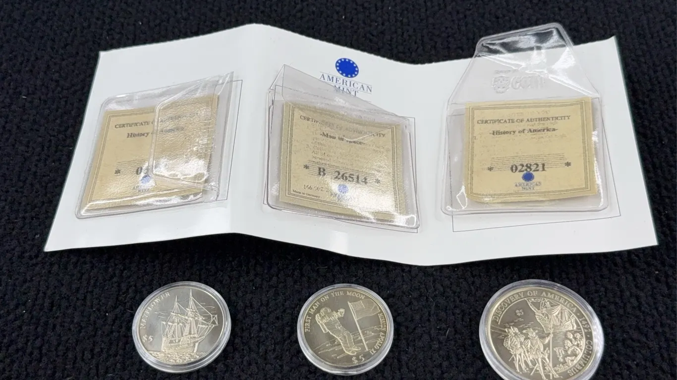 $5 2000 Mayflower, 2000 Man On The Moon & 2001 Discovery Of America Coins, American Mint