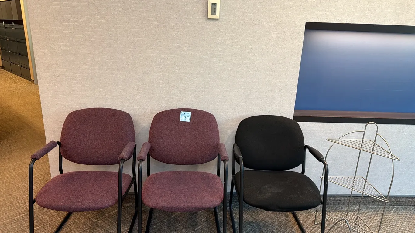 3 Office Armchairs & brushed nickel rack
