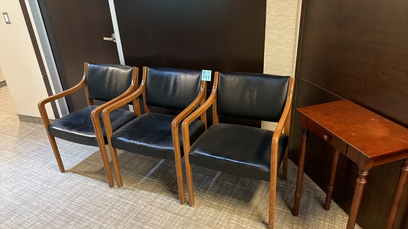 3 Leather Office Armchairs, and Side Table 20”x13”x30”