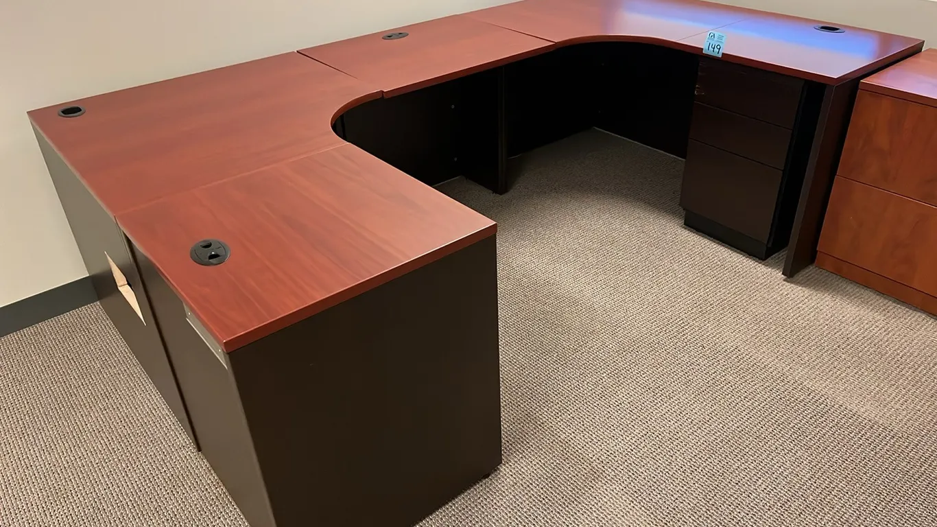 U-Shaped Office Desk, dark cherry finish and black, 5’x 8.5’, in 5 pieces, and 2 pedestal drawers