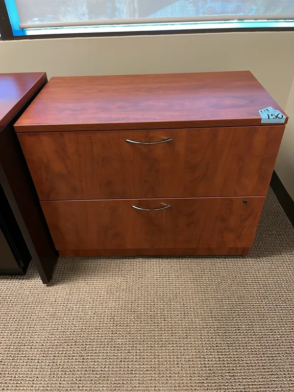 2-drawer horizontal filing cabinet, cherry finish, 36”x20”x28.5”, missing one support leg