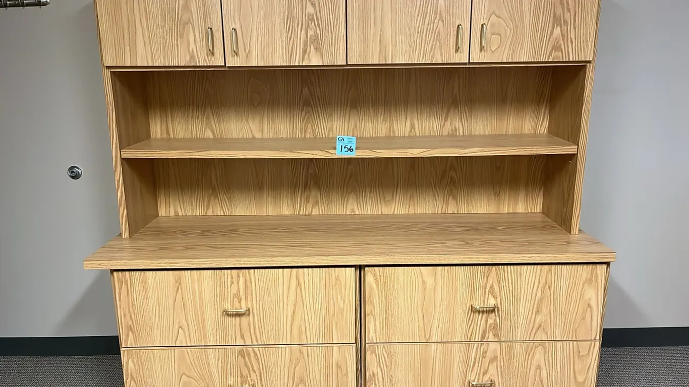 4-drawer wooden horizontal filing cabinet 78”x24”x29”, and 4-door hutch with shelf 75”x15”x42”, hutch not attached to cabinet, matches lot 157