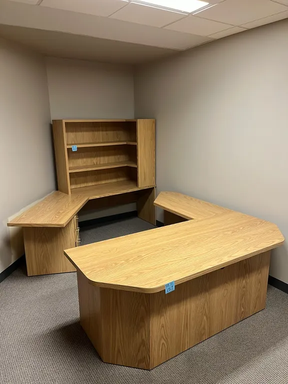 Executive desk workstation, oak finish, under-desk vertical filing cabinet with 2 drawers, shelf unit