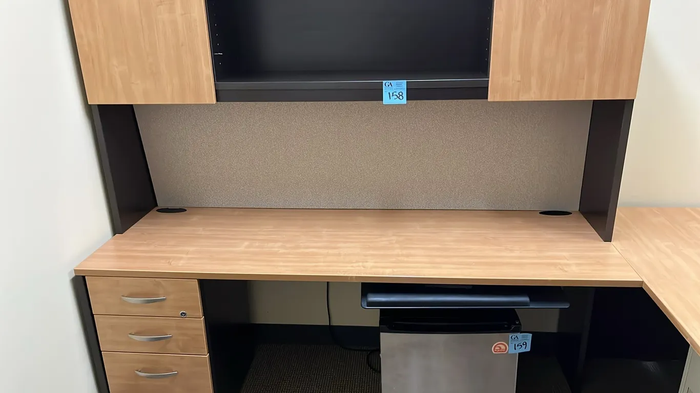 Artopex L-shaped office desk 6’x30” and 6’x24”, with filing cabinet and drawers and upper hutch 6’x14”x36.5”