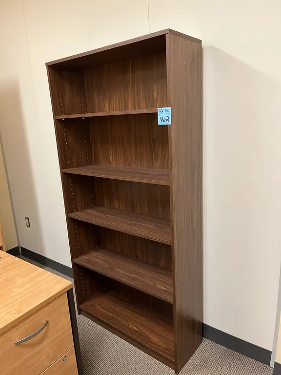 5-shelf bookcase 36”x12”x72”, dark oak finish