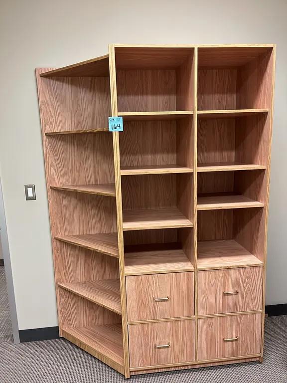 oak finish bookcase and filing cabinet unit 36”x20”x80”, and corner shelf unit 20”x20”x80”, matches lot 165