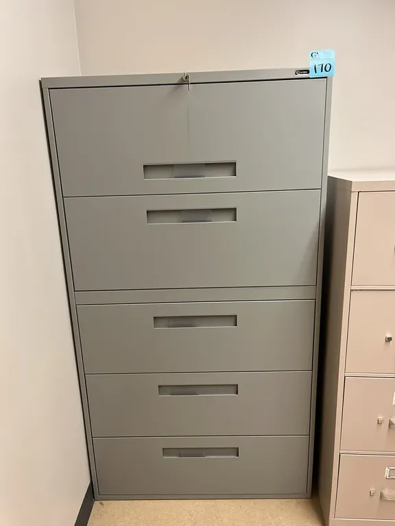 Global 5-drawer metal horizontal filing cabinet 36”x18”x65.5”, has key