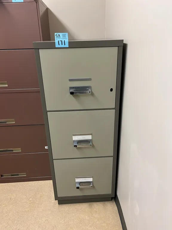 Chubb fire tested 3-drawer metal vertical filing cabinet, model 8303, 21”x32”x54”, very heavy