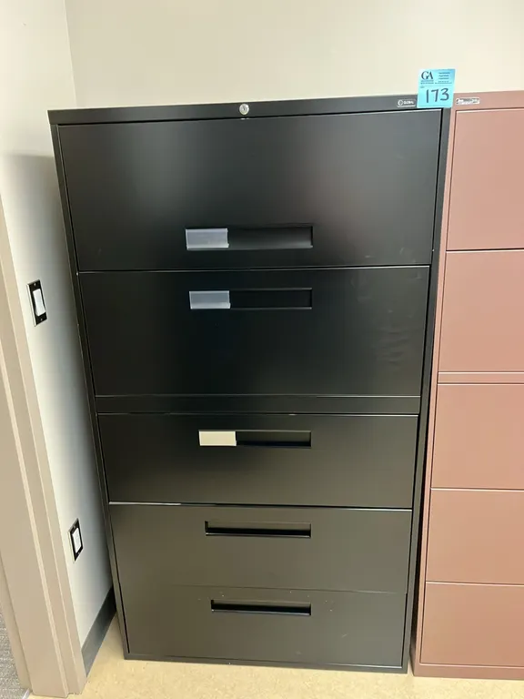 Global 5-drawer black metal horizontal filing cabinet 36”x18”x65.5”