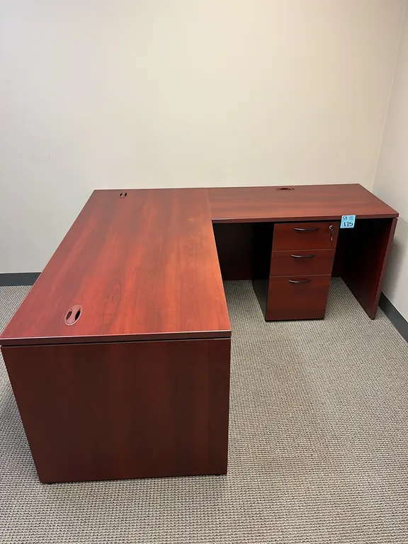 Teknion L-shaped Office Desk 72”x66”, pedestal drawers, dark cherry finish