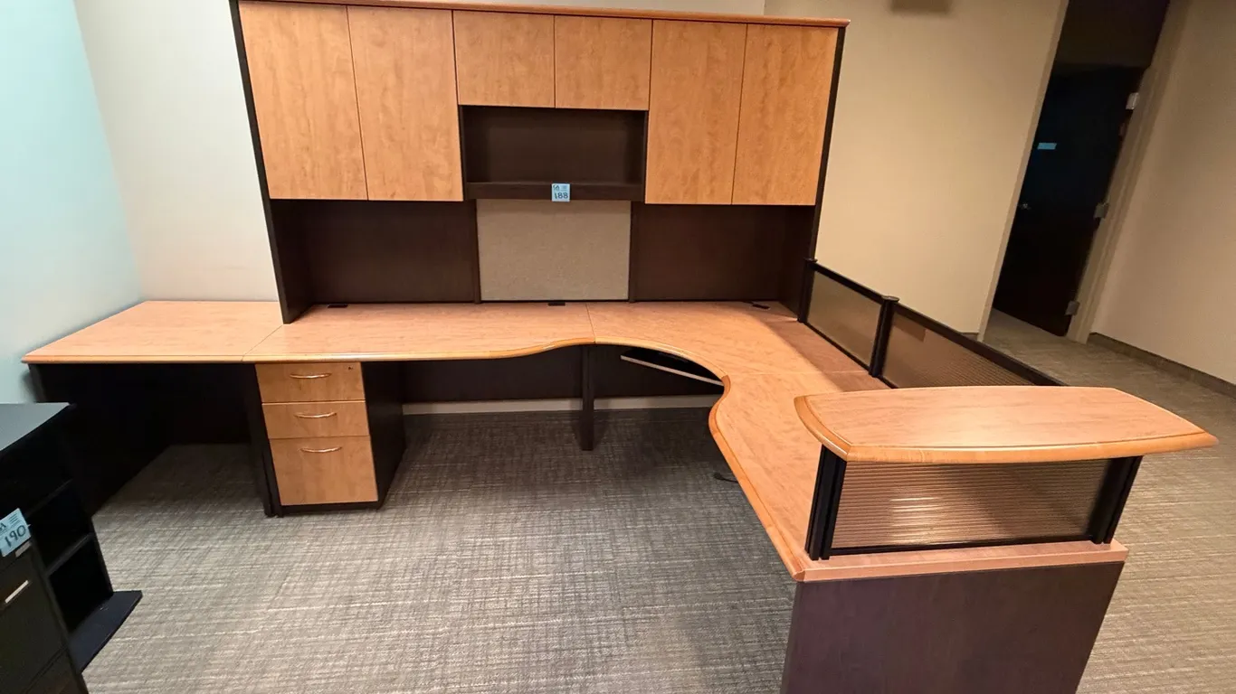 Executive U-Shaped Reception Workstation with Overhead Storage Cabinets, 3-Drawer Pedestal & Privacy Panels – Two-Tone Wood Finish. Made in Canada. 7’
