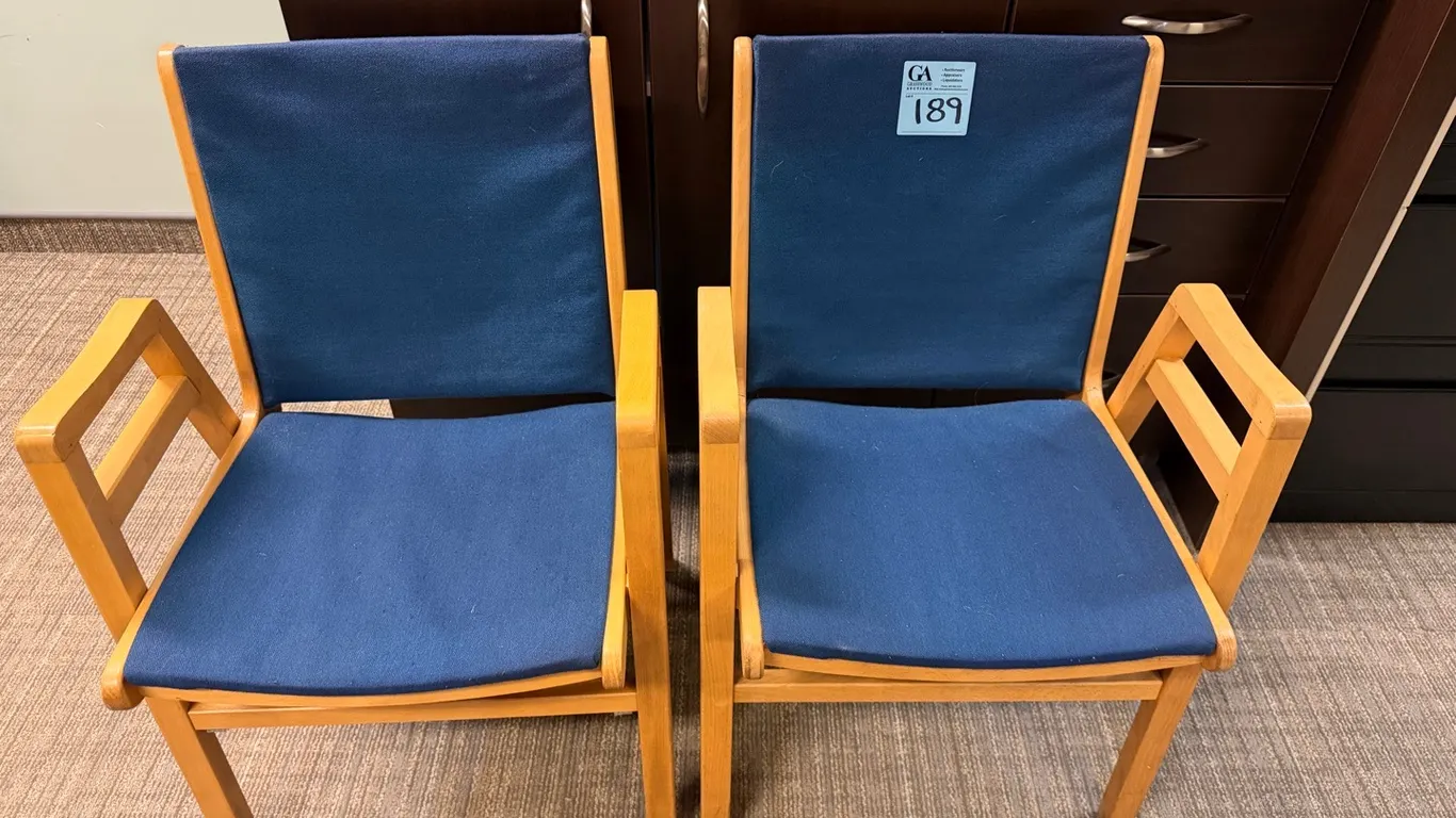 2 Office Armchairs, blue upholstered seats & backs