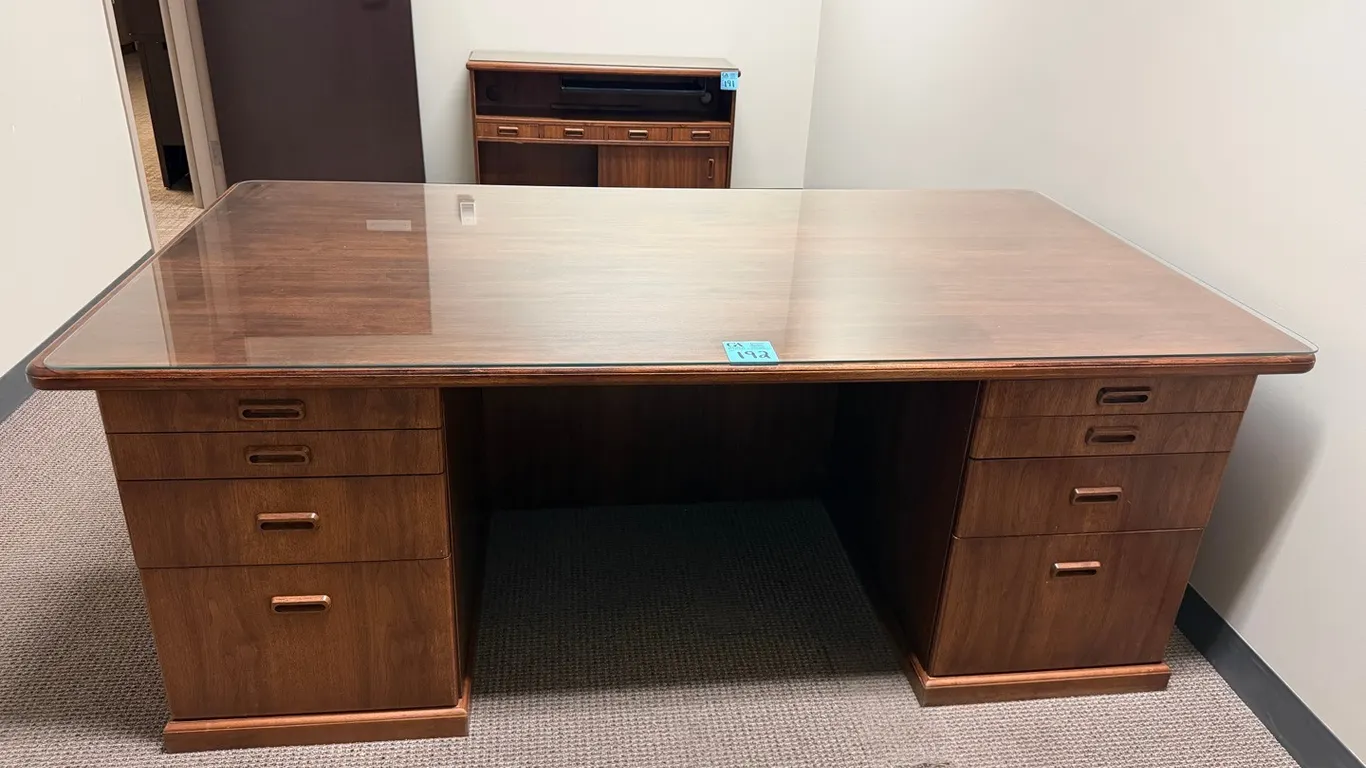 Traditional Executive Double-Pedestal Wood Desk with Glass Top & File Drawers. 6’6” x 3’6” x 29” tall