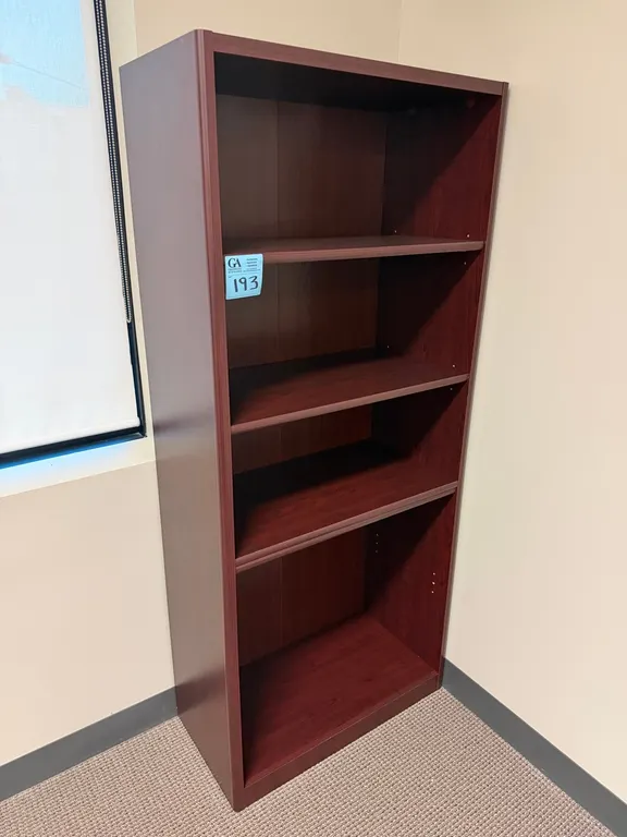 5-Shelf Office Bookcase, mahogany finish, 29”x14.5”x5’7”