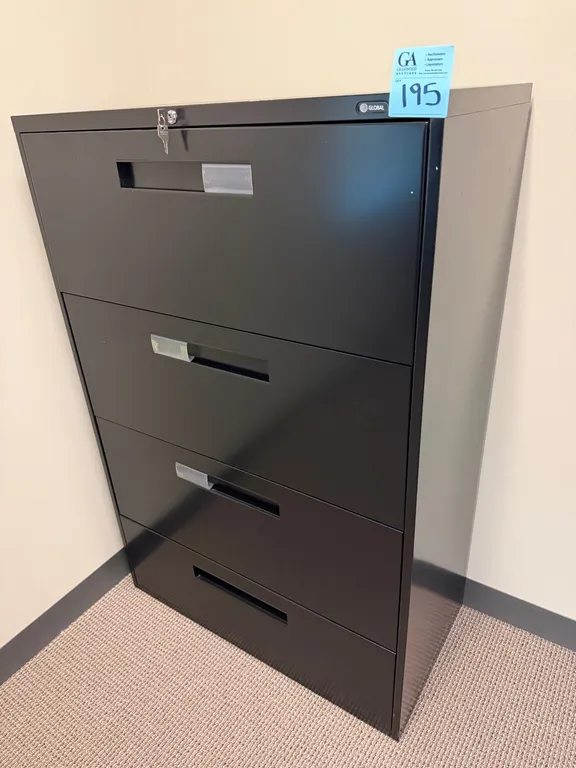 Global 4-Drawer Black Metal Horizontal Filing Cabinet with Lock & Key, 4’6” tall x 3’ wide x 18” deep
