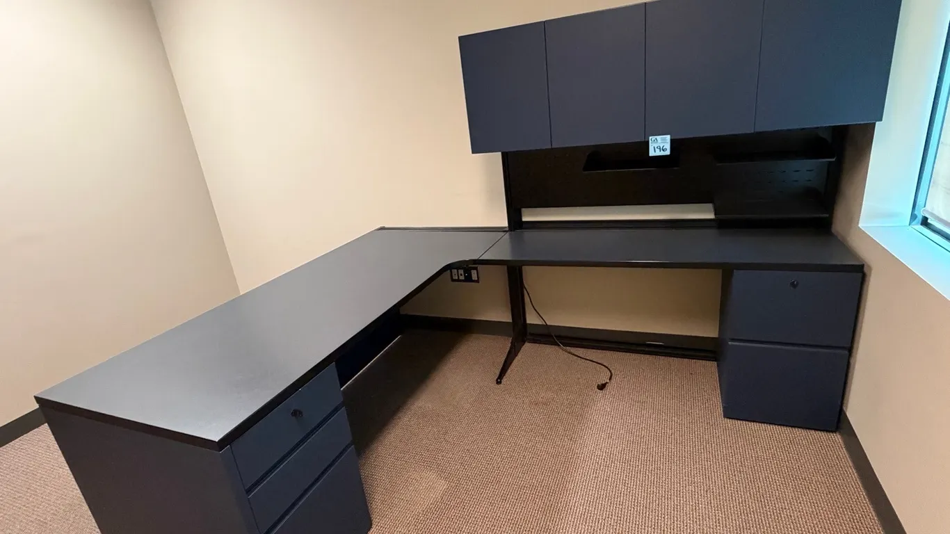 SMED U-Shaped Executive Office Workstation with 3-drawer pedestal, and Hutch Storage Cabinets, blue/black finish. 5ft long desk with 6’5” long wing