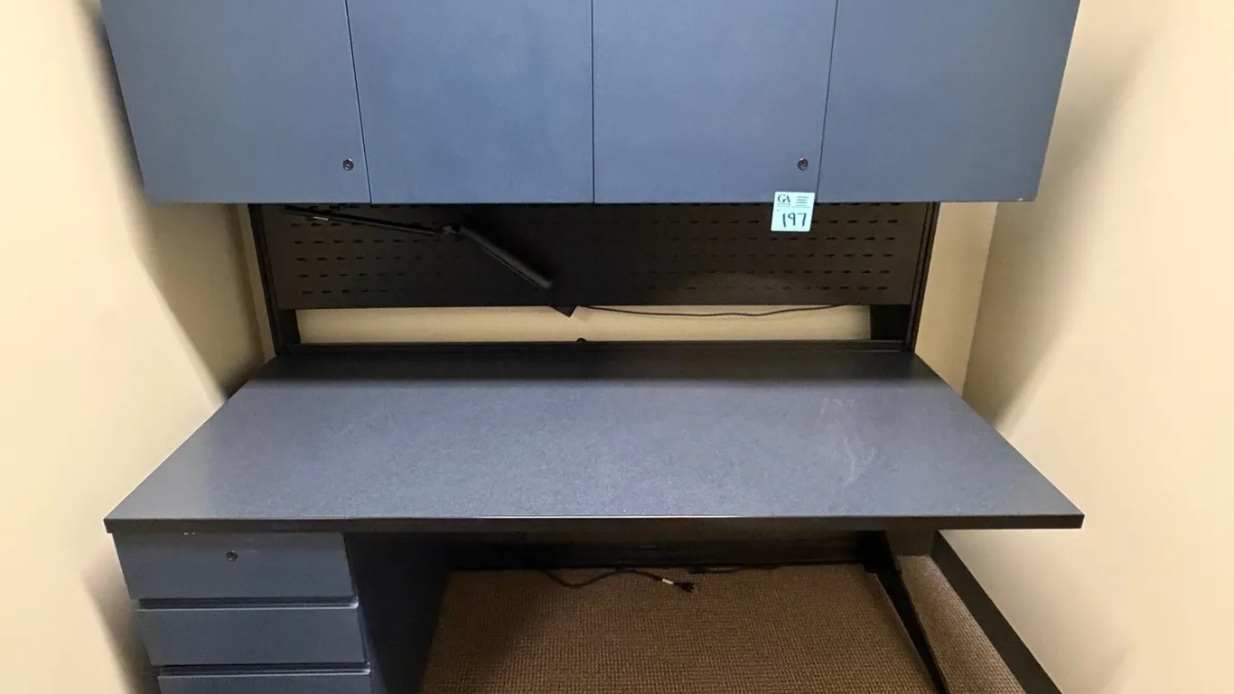 Commercial Office Heavy Duty Metal Frame Workstation Desk with Overhead Storage Cabinets & 3-Drawer Pedestal Filing Cabinet. 5’9” long x 5’9” tall