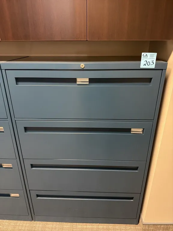 Steelcase blue horizontal 4-drawer metal filing cabinet 36”x18”x53”, no key