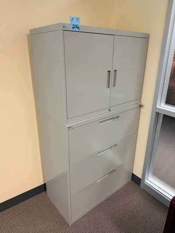 2-Door Metal Storage Cabinet & 3-Drawer Horizontal Filing Cabinet. top unit has no key & is locked.