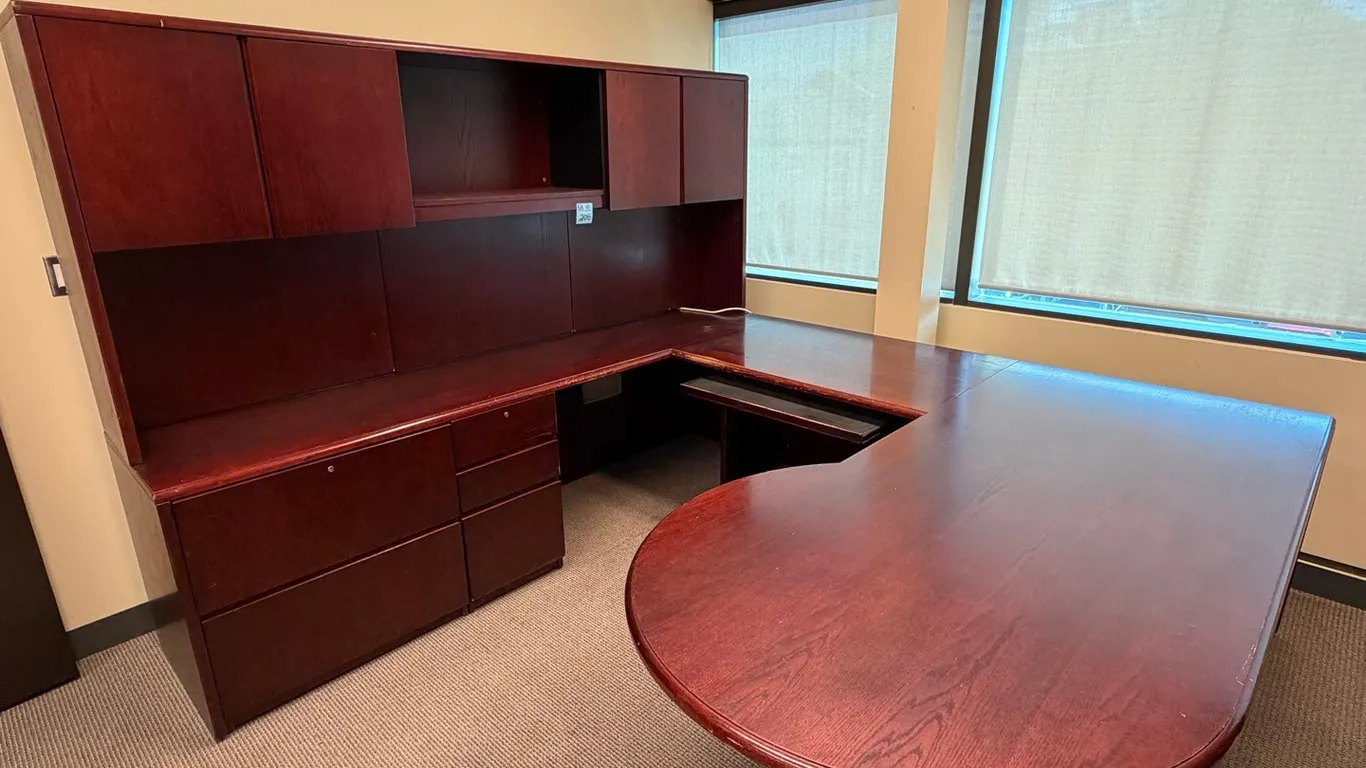 Executive U-Shaped Office Desk Workstation with Hutch, Overhead Cabinets & Pedestal Storage, cherry finish, 8’3” long x 8’3” long
