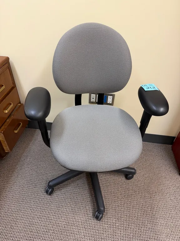 Ergonomic Office Task Chair, grey fabric, adjustable armrests, rolling base