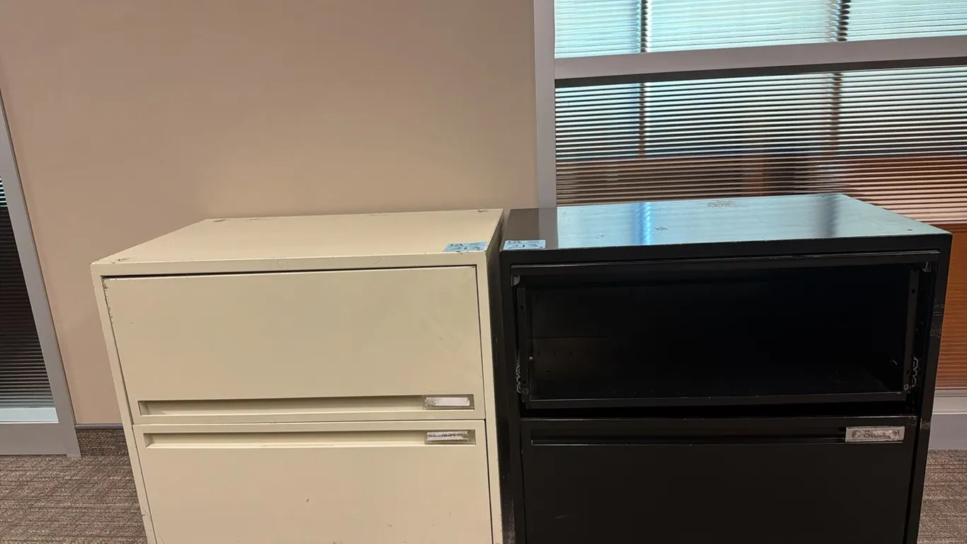 2 horizontal metal filing cabinets, 30” wide x 18” deep x 27” tall