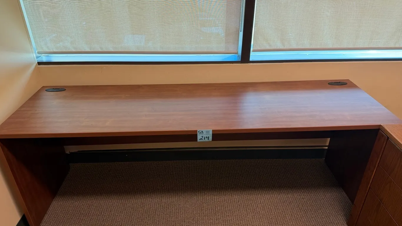 Artopex Walnut-Finish Table with Dual Cable Management Grommets, 7’ long x 2’ deep x 29” tall