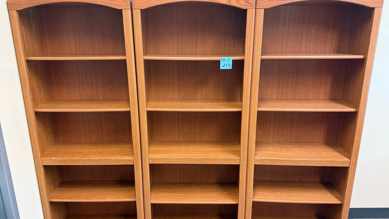 3 Matching Oak-Finish 5-Shelf Bookcases with Arched Tops, each are 30” wide x12.5” deep x 6’2” tall