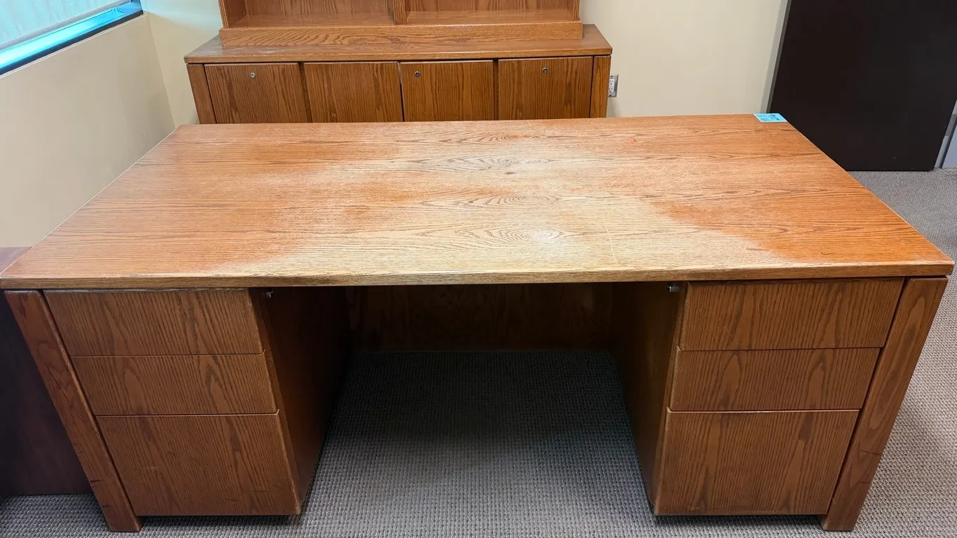 Oak Executive Double-Pedestal Desk with 6 Drawers, 6’ long x 3’ wide x 30” tall
