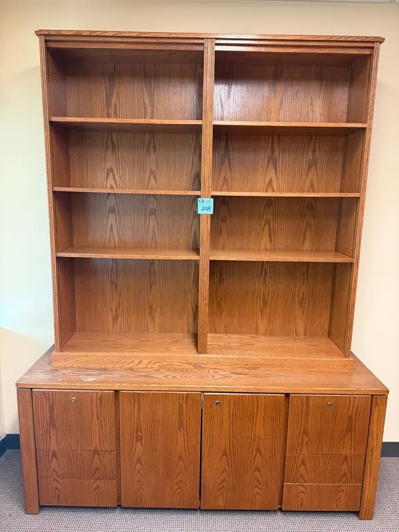 Large Oak Executive Credenza with Double Bookcase Hutch, Horizontal File Drawers & Storage Cabinet. Bookcase is not attached to credenza.