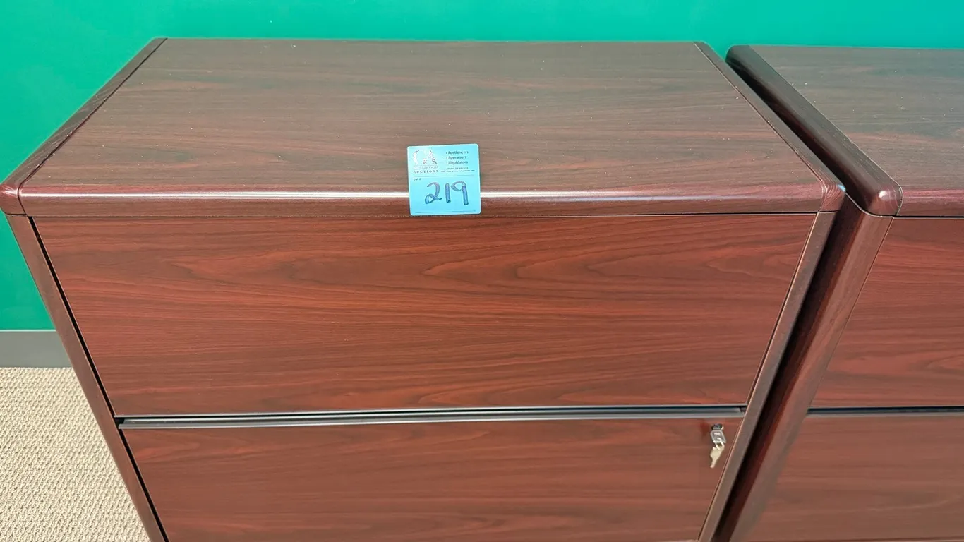 2-Drawer HON Mahogany-Finish Horizontal Filing Cabinet with Lock & Key, 3’ wide x 20” deep x 30” tall