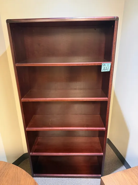5-Shelf Office Bookcase, 3’ wide x 13” deep x 5’11” tall, mahogany finish