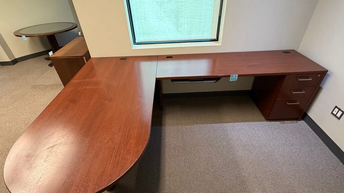CWI Creative Wood Interiors Executive U-Shaped Wood Office Desk with 3-Drawer Pedestal & Keyboard Tray, desk is 6ft long with a 3 x 6’ rounded wing