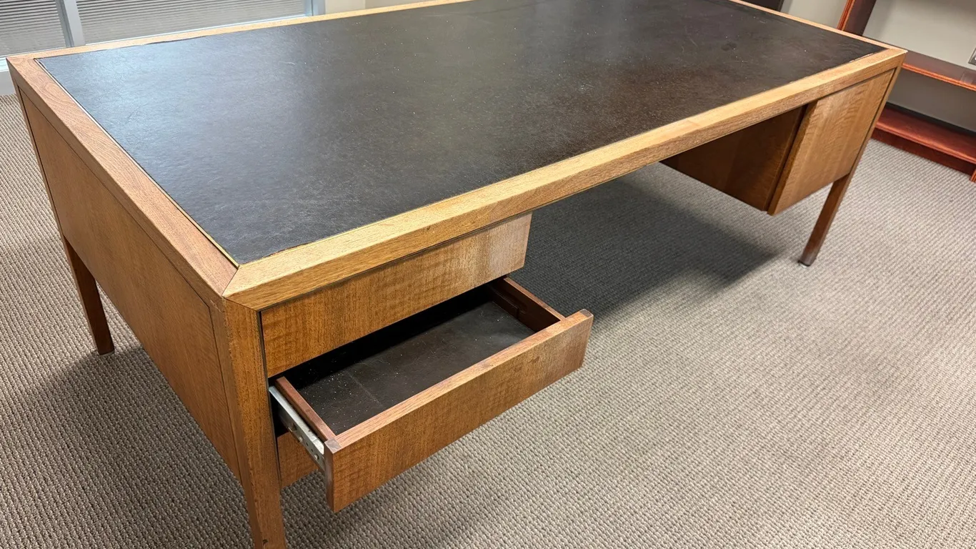 Executive Wood Desk with Black Inlay Top & Dual Pedestal Drawers, 6’6” long x 3’ wide x 29” tall