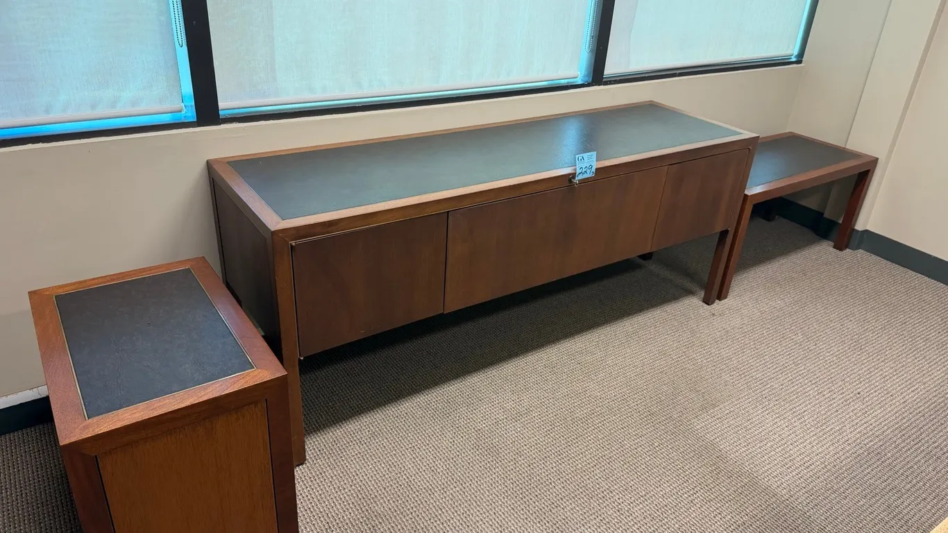 3-Piece Executive Office Credenza & Matching File Pedestal & Table – Wood with Inset Tops