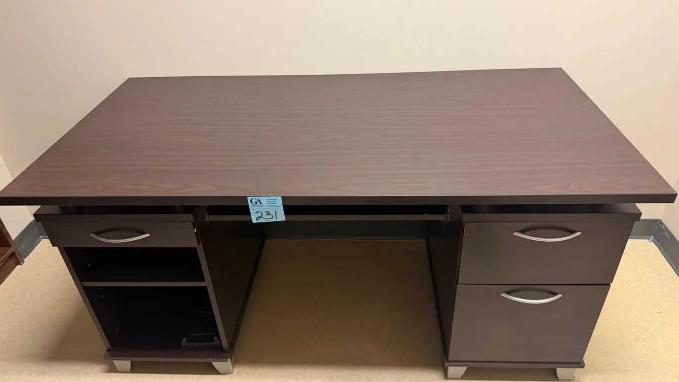Dark Espresso Executive Office Desk with Dual Pedestals, Drawers & Open Shelving 59”x29.5”x29.5”