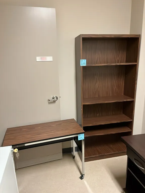 5-Shelf Bookcase, 32”x12”x72” dark oak finish, and Mobile Office Table 36”x17.5”x27”