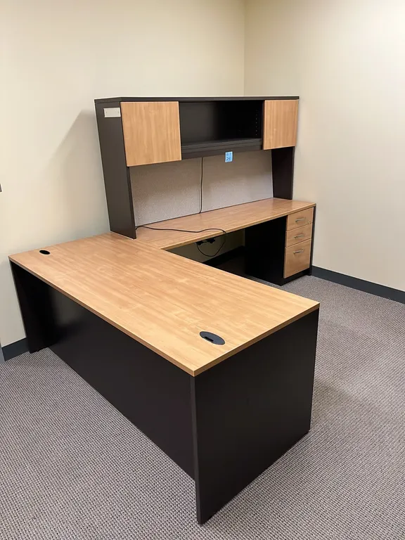 Artopex L-Shaped Office Workstation Desk 72”x102”, with 2 pedestal drawers, and Hutch 72”x36.5”