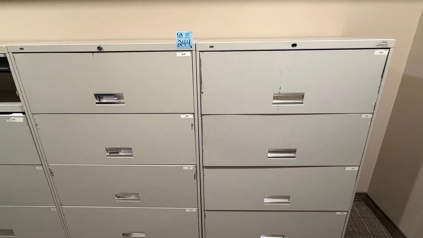 2 HON 4-Drawer Horizontal Metal Filing Cabinets, Beige/Light Grey, 36”x19”x53”, on 2nd floor