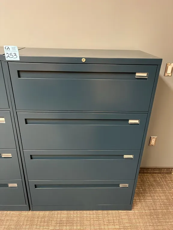 Steelcase blue horizontal 4-drawer metal filing cabinet 36”x18”x53”, no key