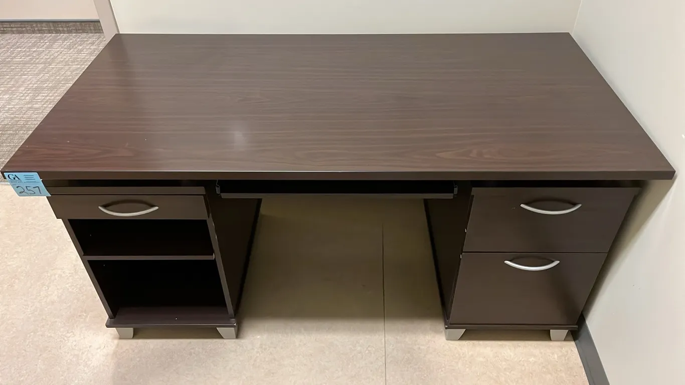 Dark Espresso Executive Office Desk with Dual Pedestals, Drawers & Open Shelving 59”x29.5”x29.5”
