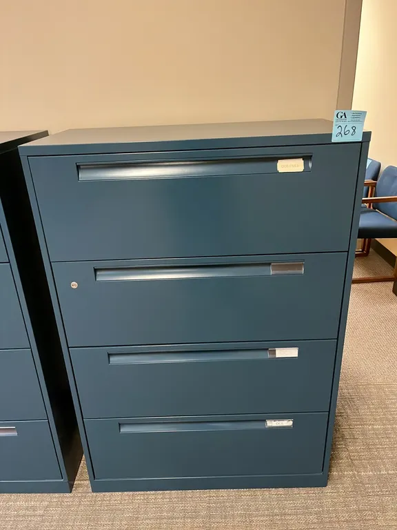 Steelcase blue horizontal 4-drawer metal filing cabinet 36”x18”x52”, no key