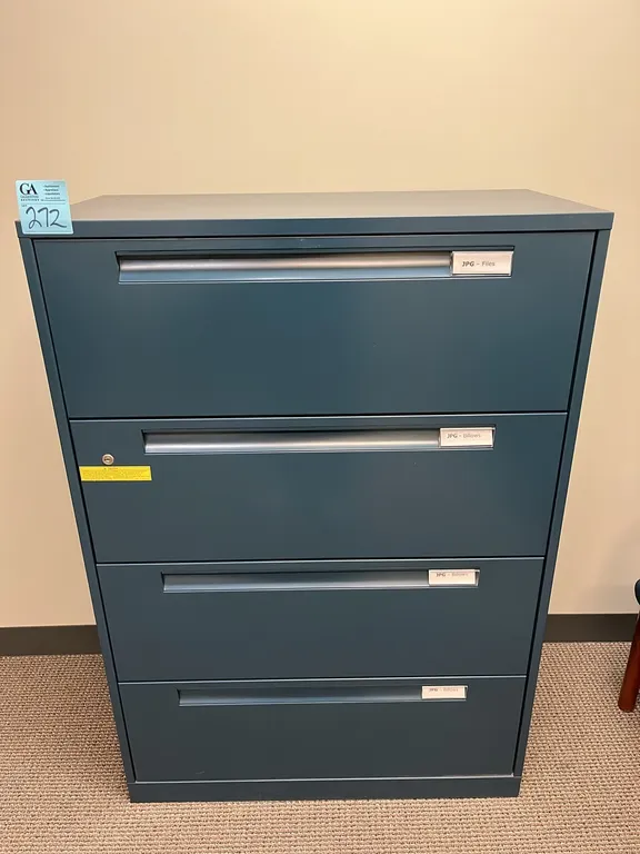 Steelcase blue horizontal 4-drawer metal filing cabinet 36”x18”x52”, no key