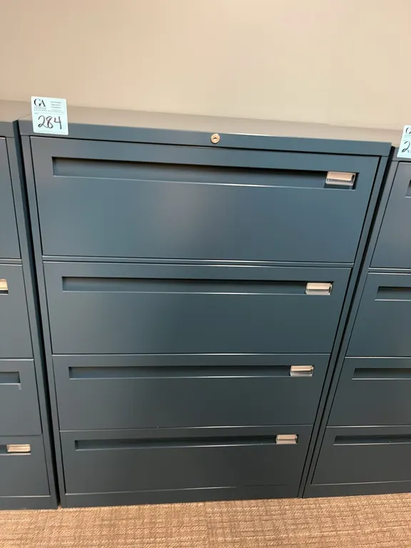 Steelcase blue horizontal 4-drawer metal filing cabinet 36”x18”x53”, no key