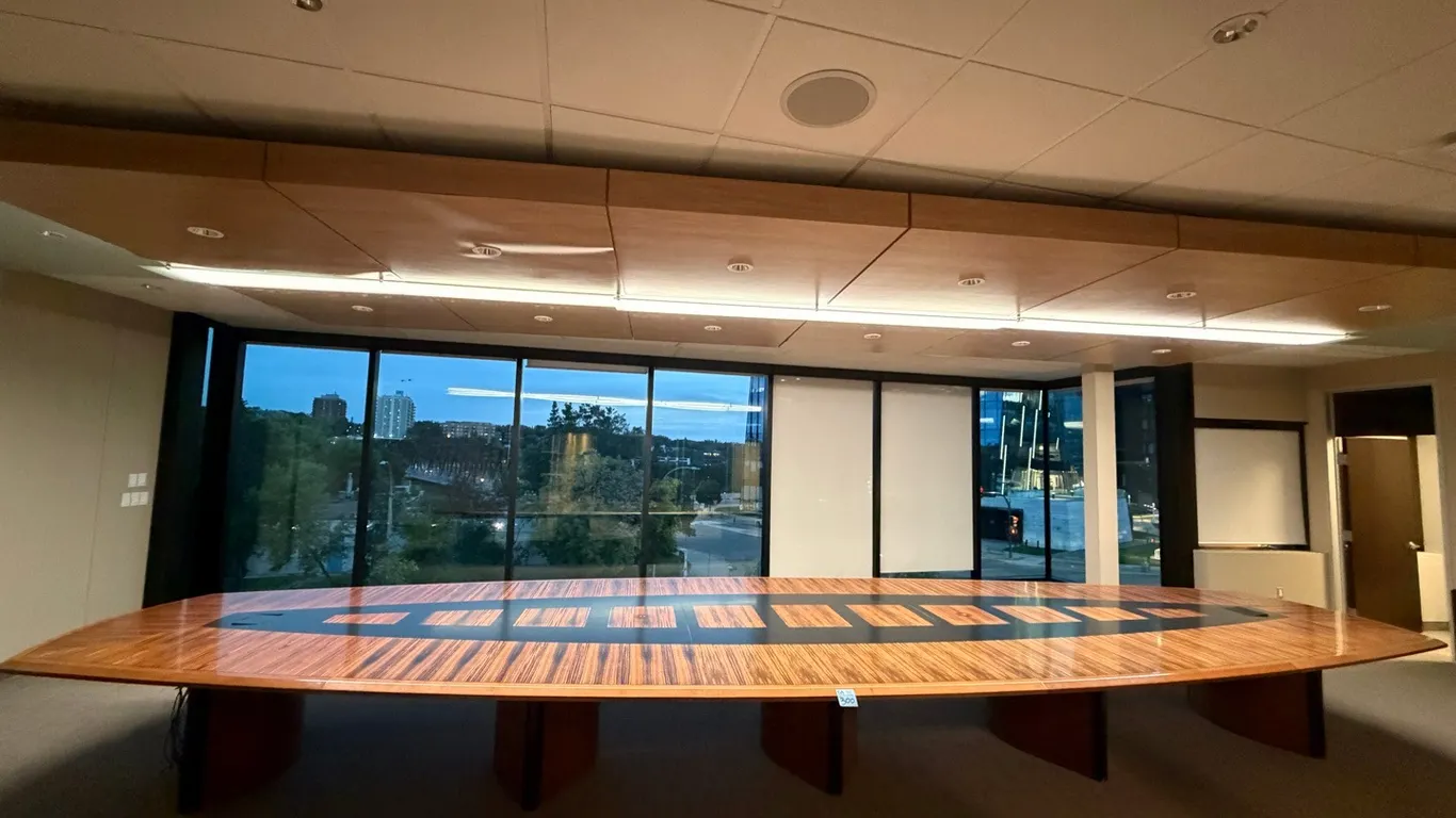 Large Custom Executive Boardroom Conference Table – High-Gloss Wood Veneer Top with Inlaid Black Centre & Cable/Data Ports